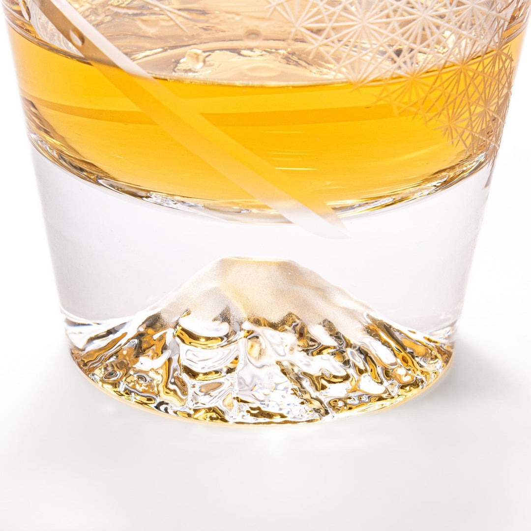 Clear rocks glass with etched starburst lattice pattern, swirling stripe detail, and textured 3D Mount Fuji base.