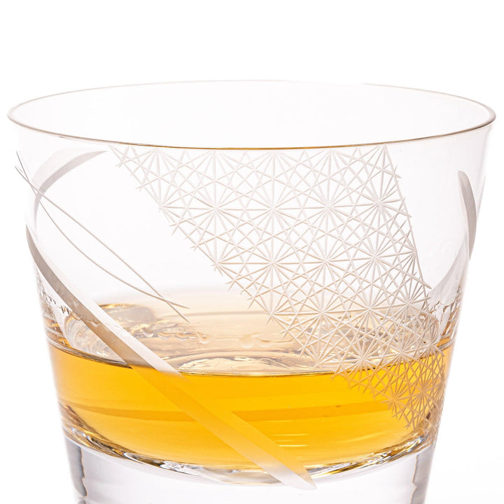 Clear rocks glass with etched starburst lattice pattern, swirling stripe detail, and textured 3D Mount Fuji base.