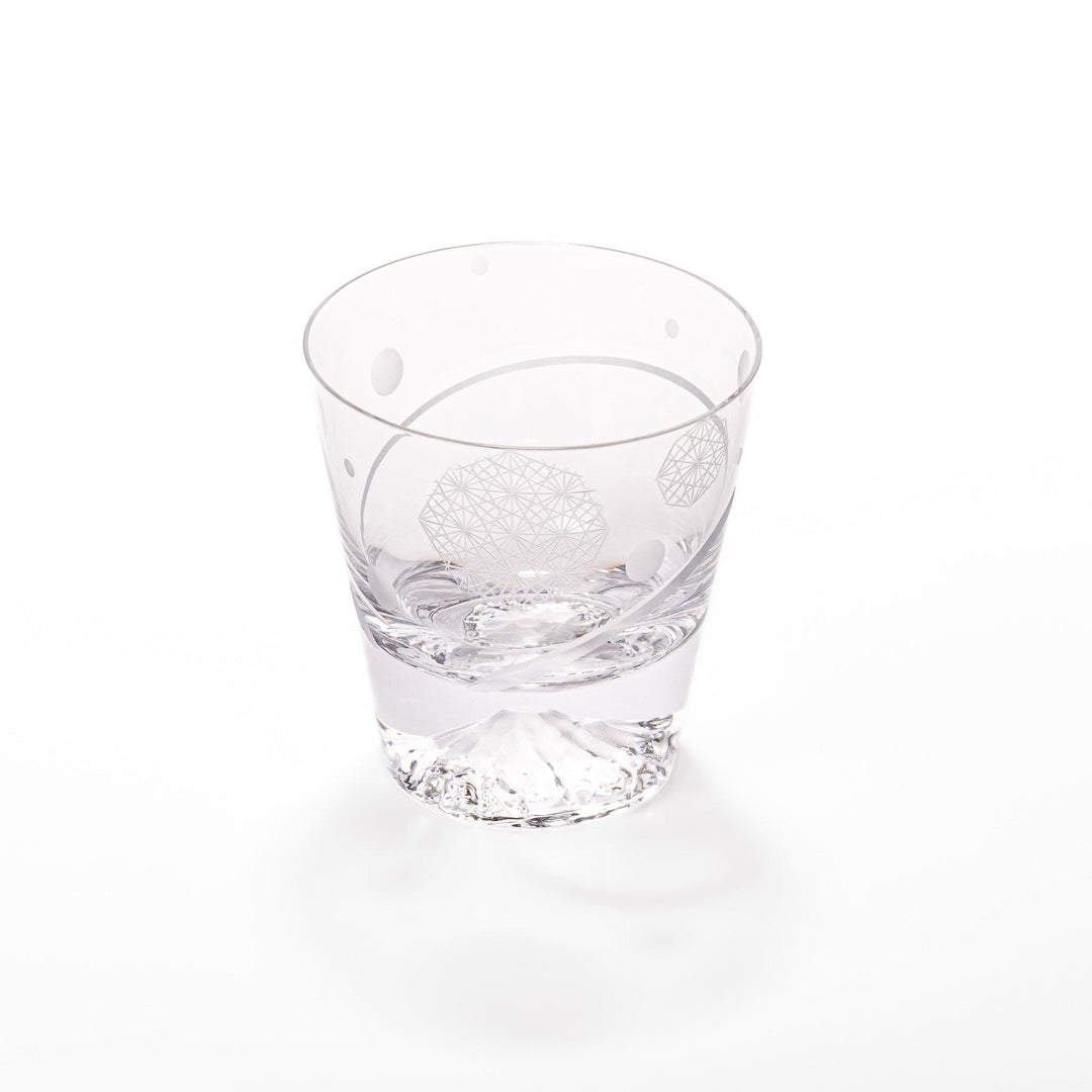 Clear rocks glass with etched geometric circles and dots, diagonal swirl accent, and detailed 3D Mount Fuji base.