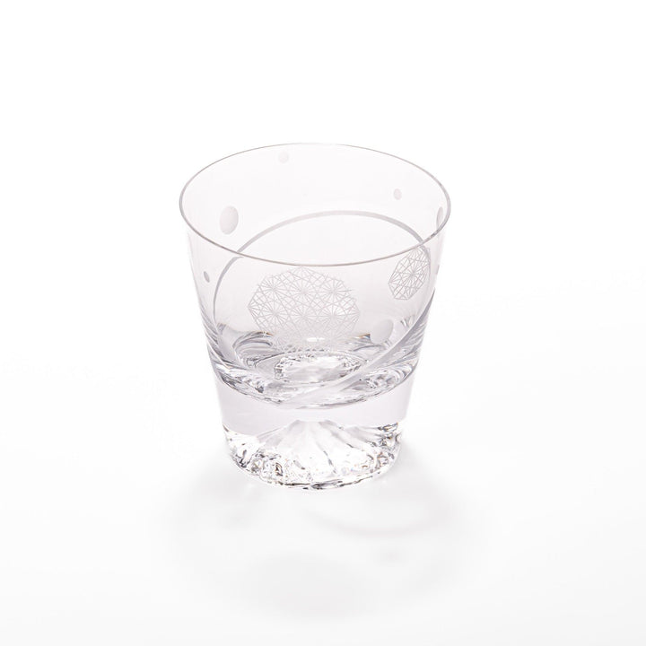 Clear rocks glass with etched geometric circles and dots, diagonal swirl accent, and detailed 3D Mount Fuji base.