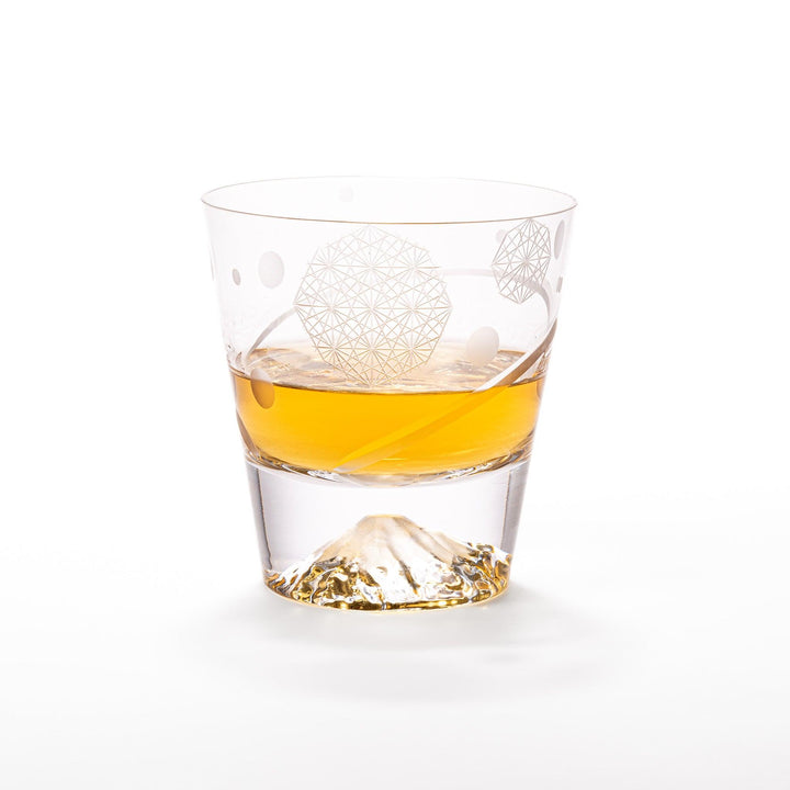 Clear rocks glass with etched geometric circles and dots, diagonal swirl accent, and detailed 3D Mount Fuji base.