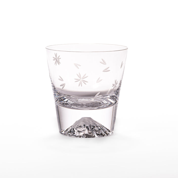 Pair of sakura-etched rocks glasses featuring a clear Mt. Fuji motif at the base, elegantly showcased for a stylish presentation.