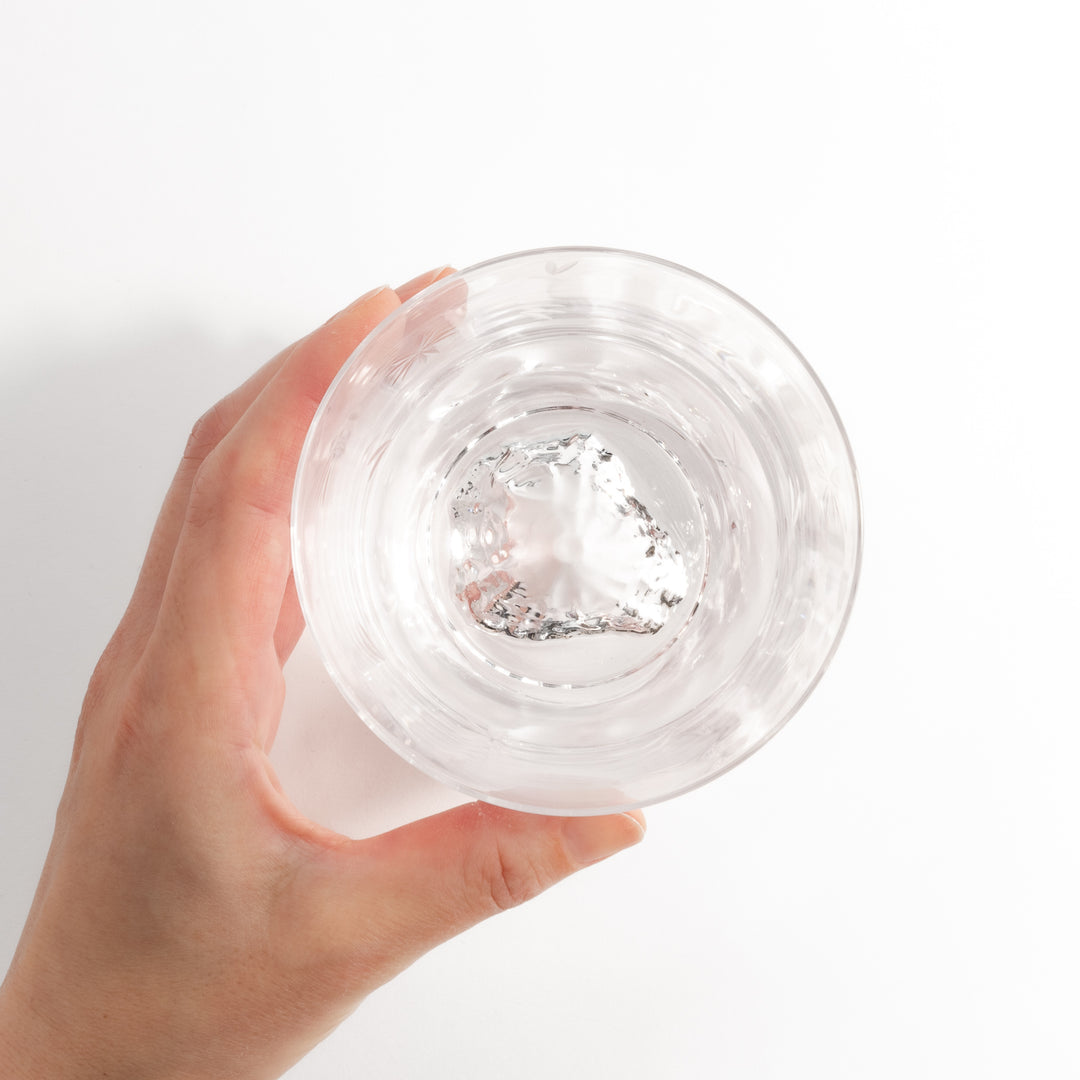 Pair of sakura-etched rocks glasses featuring a clear Mt. Fuji motif at the base, elegantly showcased for a stylish presentation.