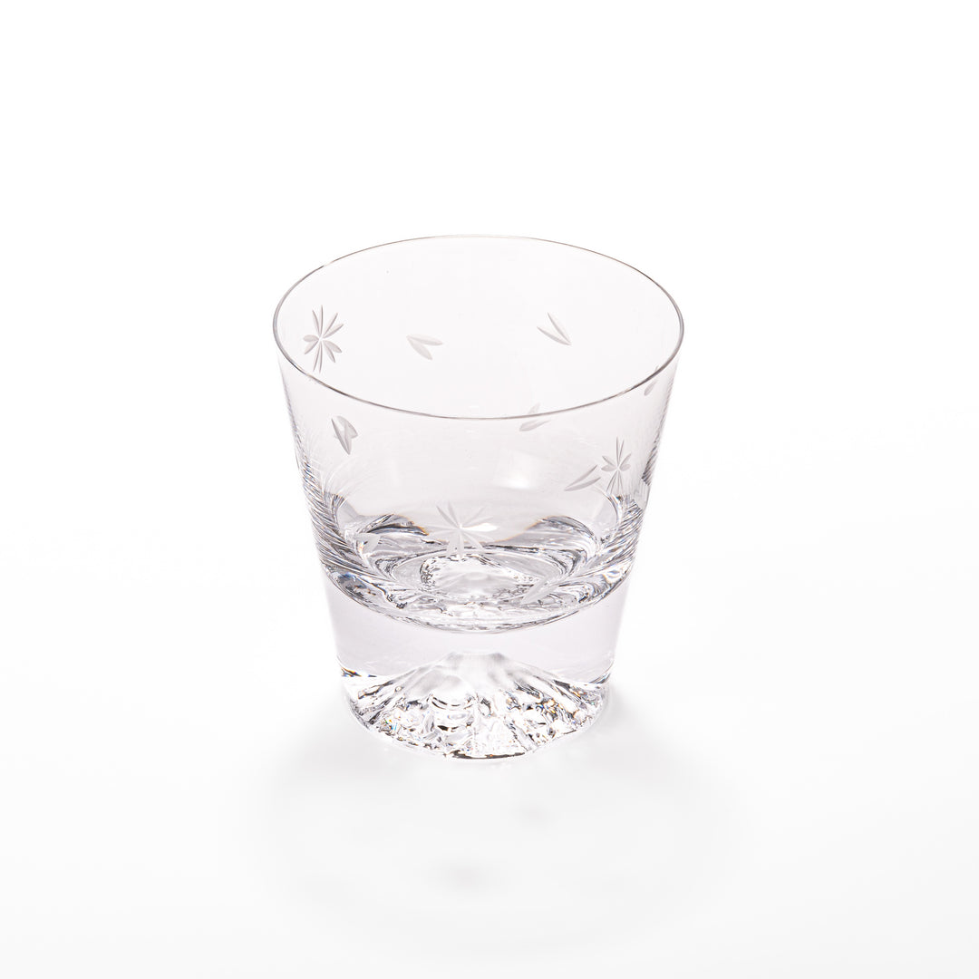 Pair of sakura-etched rocks glasses featuring a clear Mt. Fuji motif at the base, elegantly showcased for a stylish presentation.