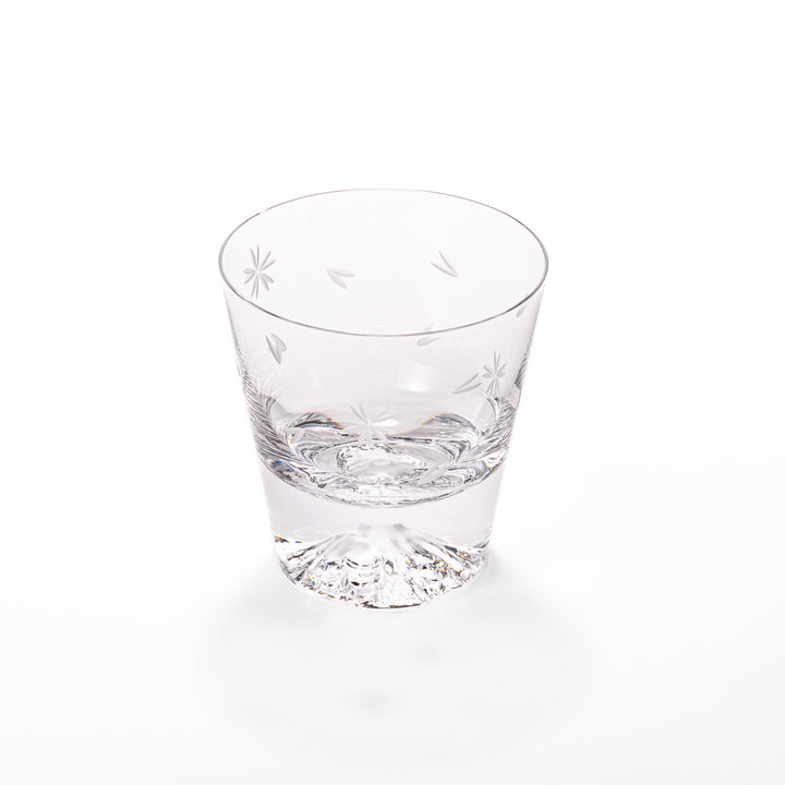 Pair of sakura-etched rocks glasses featuring a clear Mt. Fuji motif at the base, elegantly showcased for a stylish presentation.