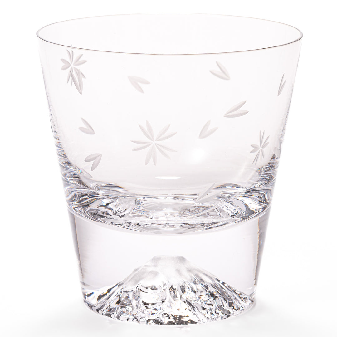 Pair of sakura-etched rocks glasses featuring a clear Mt. Fuji motif at the base, elegantly showcased for a stylish presentation.