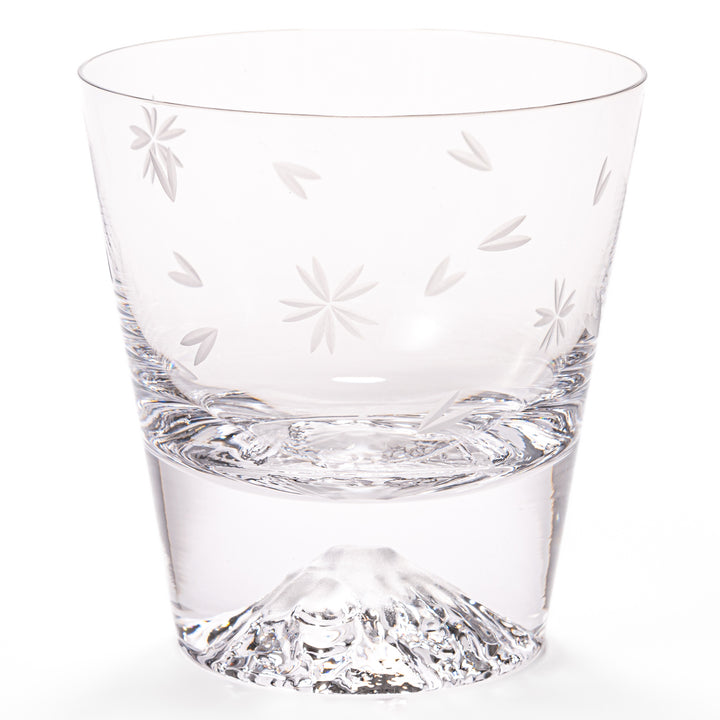 Pair of sakura-etched rocks glasses featuring a clear Mt. Fuji motif at the base, elegantly showcased for a stylish presentation.