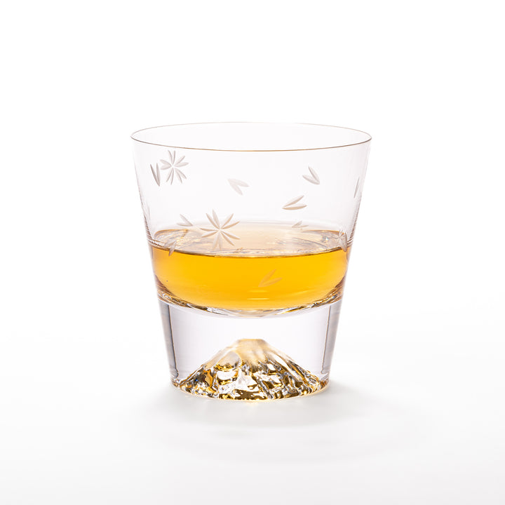 Pair of sakura-etched rocks glasses featuring a clear Mt. Fuji motif at the base, elegantly showcased for a stylish presentation.