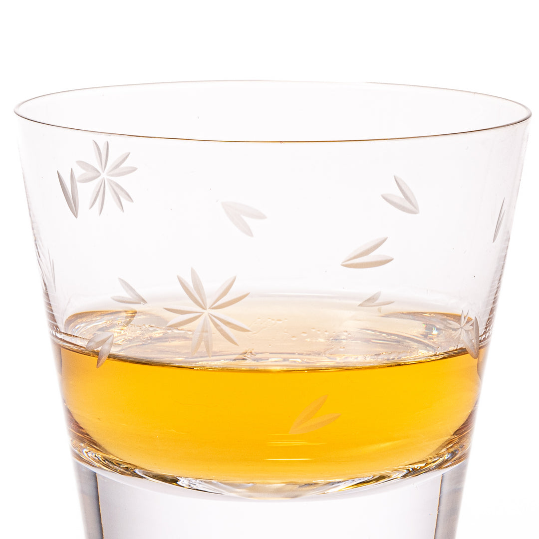 Pair of sakura-etched rocks glasses featuring a clear Mt. Fuji motif at the base, elegantly showcased for a stylish presentation.