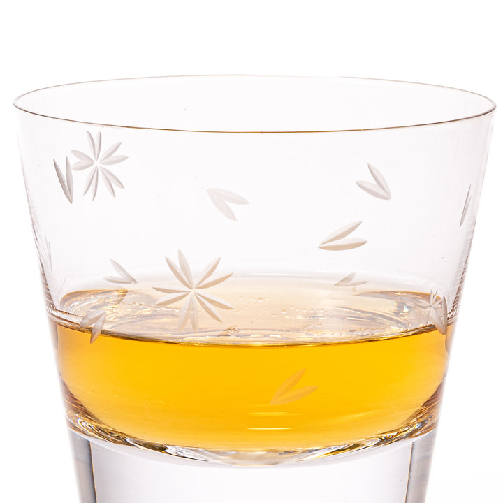 Pair of sakura-etched rocks glasses featuring a clear Mt. Fuji motif at the base, elegantly showcased for a stylish presentation.