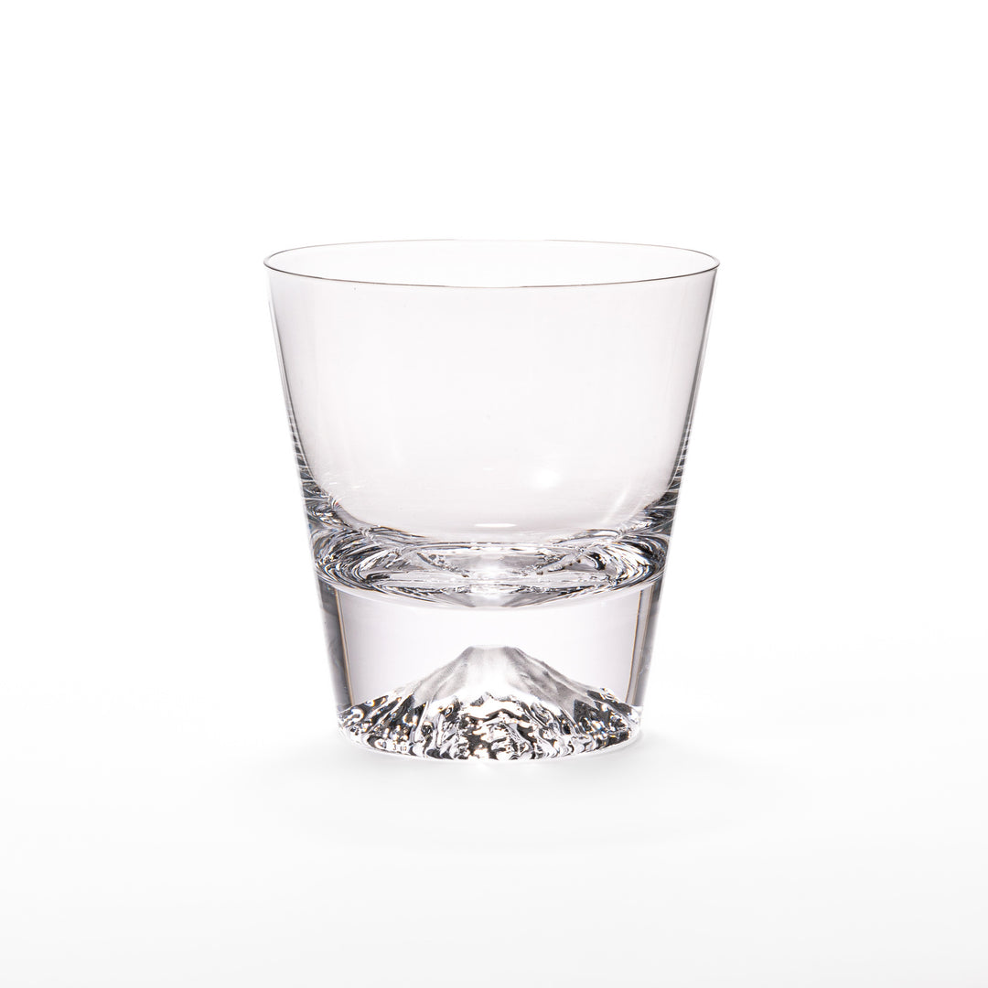 Two glasses placed inside a wooden box with the Edo Glass logo visible on the top of the box. The glasses feature a detailed design resembling Mount Fuji at the base.