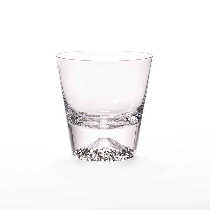 Two glasses placed inside a wooden box with the Edo Glass logo visible on the top of the box. The glasses feature a detailed design resembling Mount Fuji at the base.