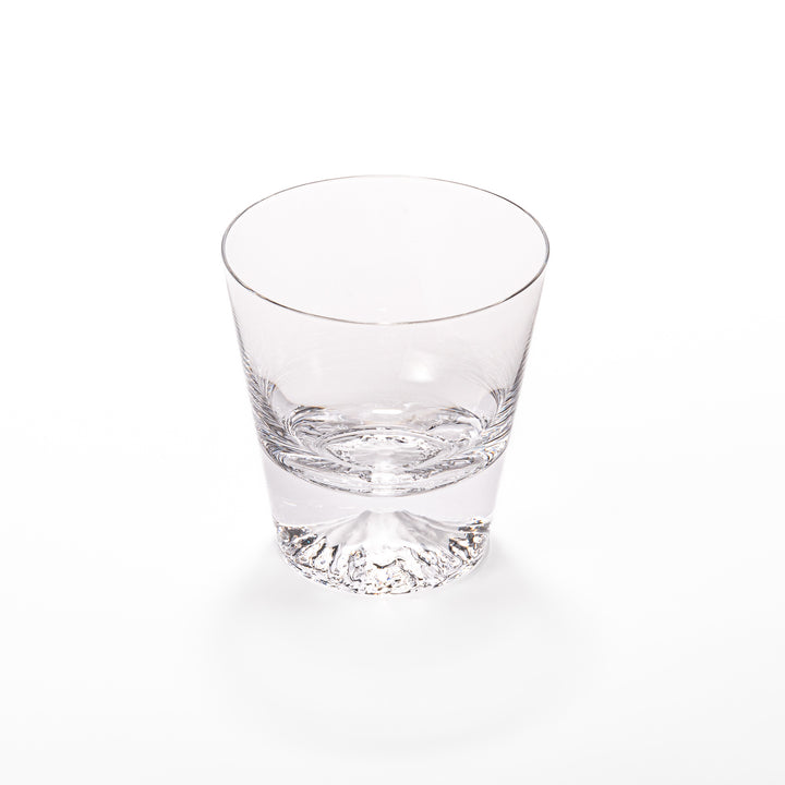 Two glasses placed inside a wooden box with the Edo Glass logo visible on the top of the box. The glasses feature a detailed design resembling Mount Fuji at the base.