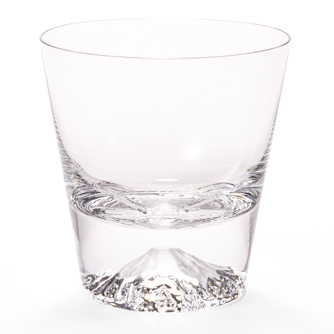 Two glasses placed inside a wooden box with the Edo Glass logo visible on the top of the box. The glasses feature a detailed design resembling Mount Fuji at the base.