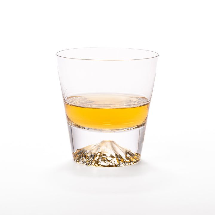 Two glasses placed inside a wooden box with the Edo Glass logo visible on the top of the box. The glasses feature a detailed design resembling Mount Fuji at the base.
