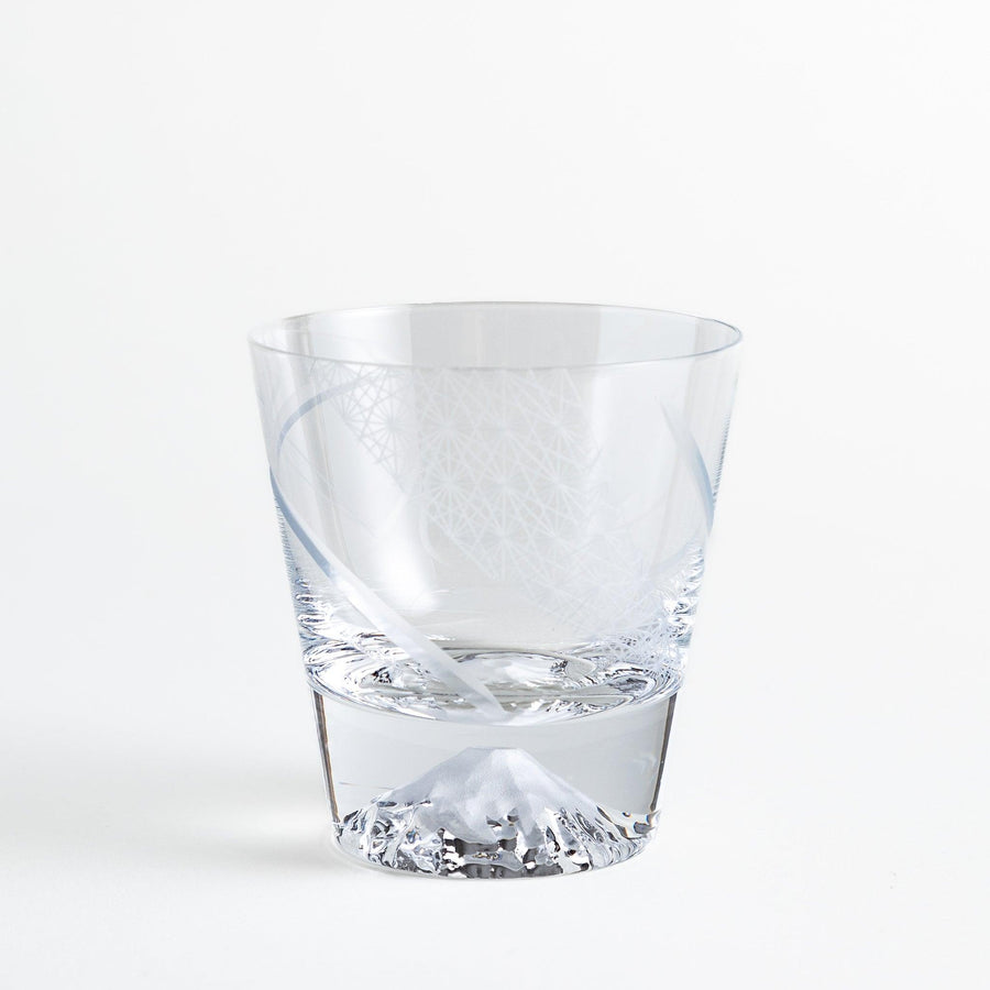 Elegant clear glass with intricate geometric patterns etched on its surface. The base features a detailed Mount Fuji design.
