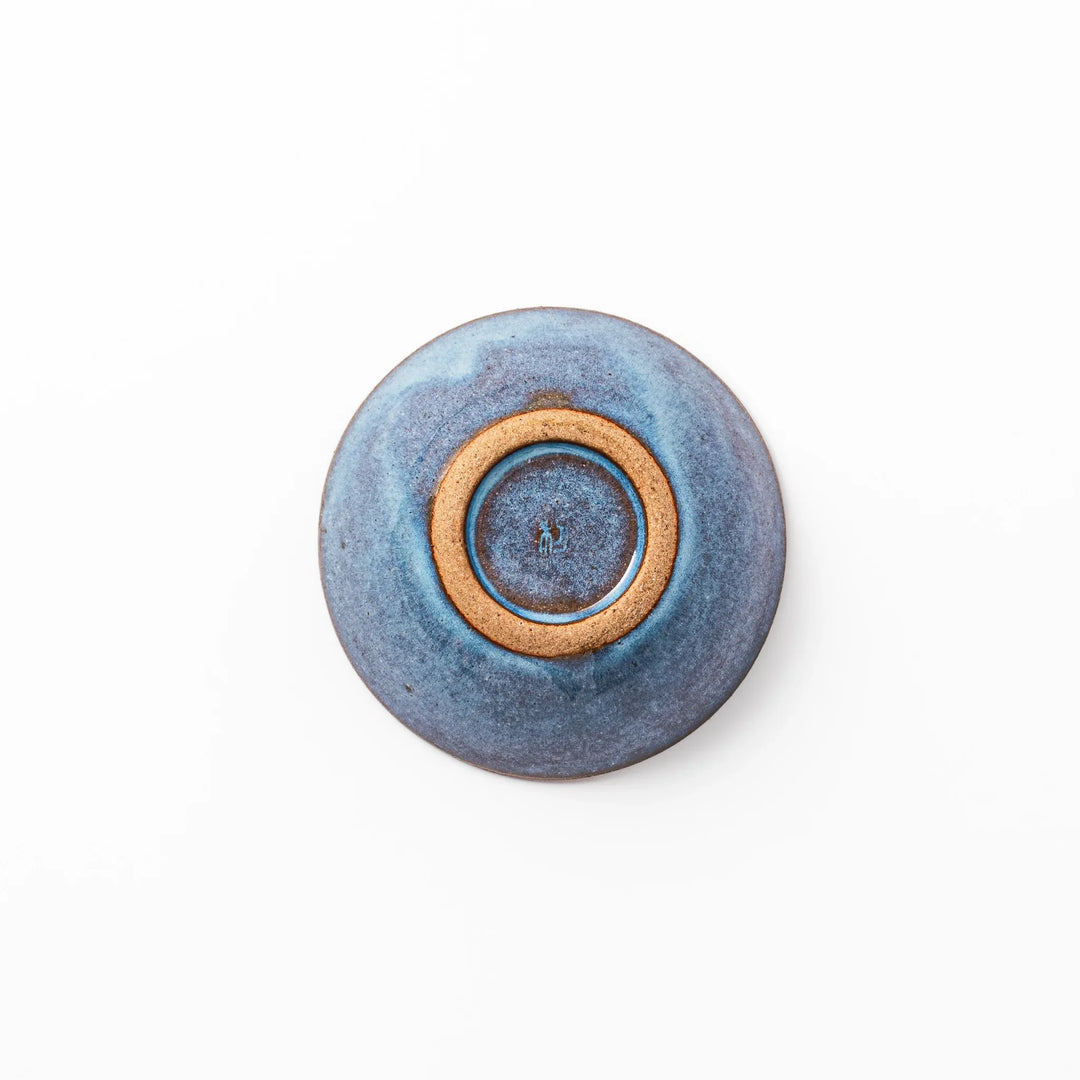 Terracotta blue ceramic dessert bowl with rustic brown rim, handcrafted in Japan for serving ice cream, fruit, soup, or side dishes.
