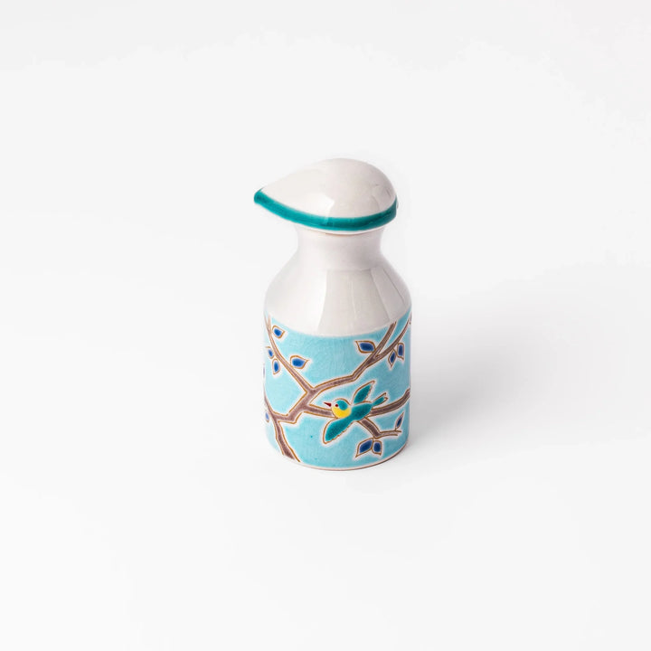 Japanese porcelain soy sauce dispenser with turquoise glaze and twin songbird motif on tree branches, handcrafted design.