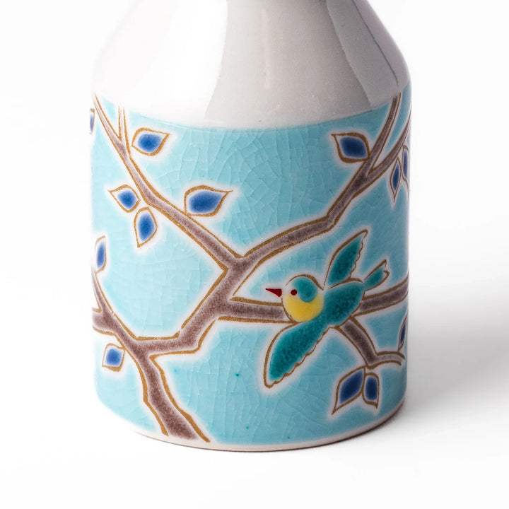 Japanese porcelain soy sauce dispenser with turquoise glaze and twin songbird motif on tree branches, handcrafted design.