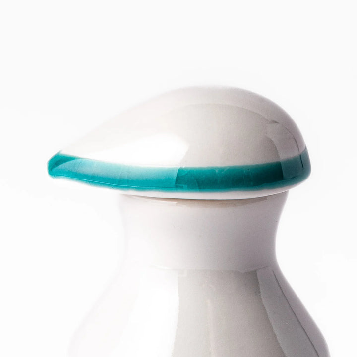 Japanese porcelain soy sauce dispenser with turquoise glaze and twin songbird motif on tree branches, handcrafted design.