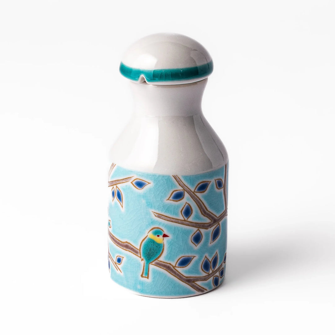 Japanese porcelain soy sauce dispenser with turquoise glaze and twin songbird motif on tree branches, handcrafted design.