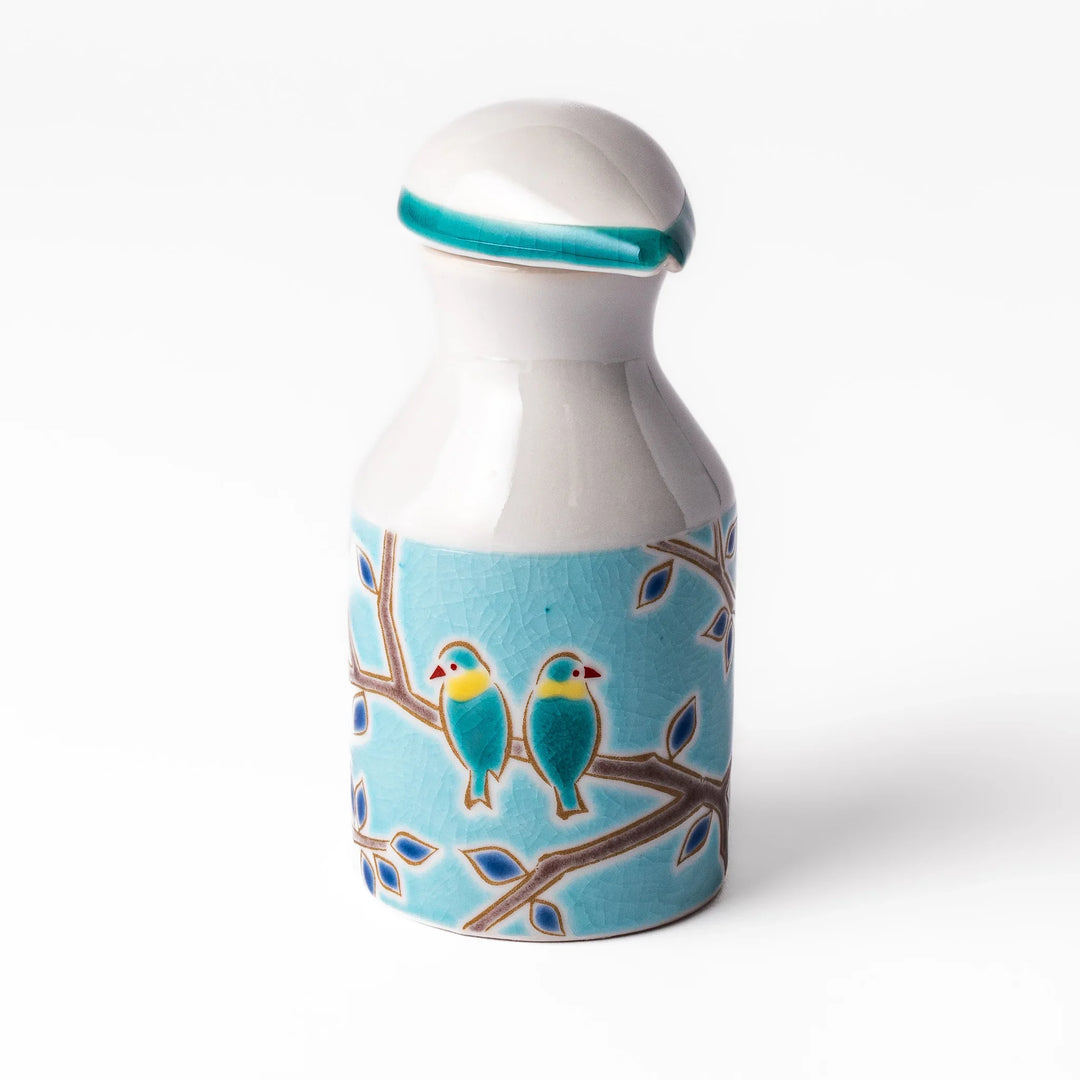 Japanese porcelain soy sauce dispenser with turquoise glaze and twin songbird motif on tree branches, handcrafted design.