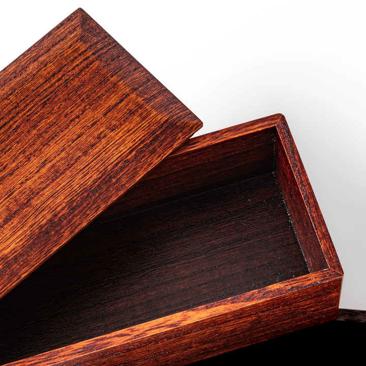 Rectangular two-tier bento box crafted from dark brown paulownia wood, showcasing a sleek grain pattern and a seamless, minimalist design.