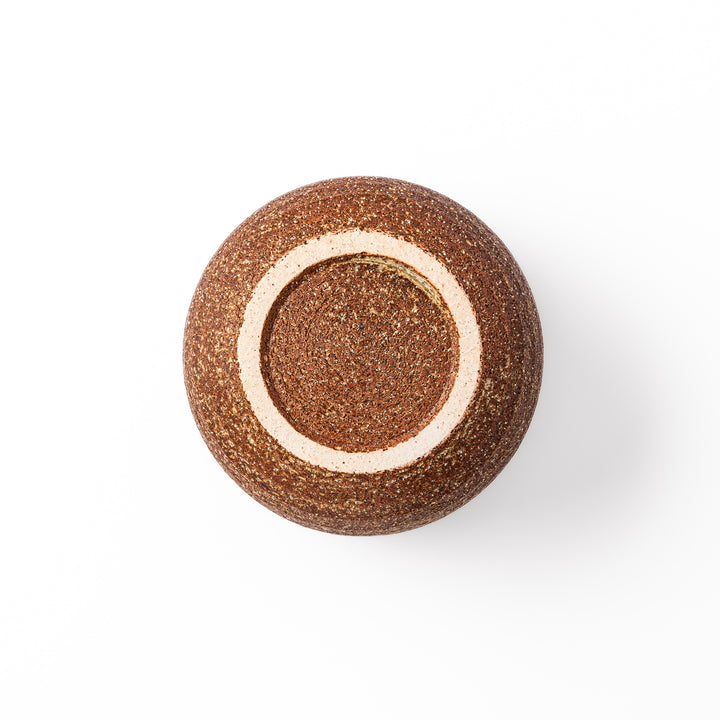 Two-tone Japanese ceramic rice storage bowl with lid, featuring smooth glazed top and textured brown lower half for rustic charm.