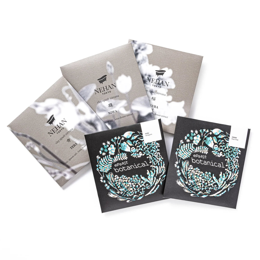 Variety pack of five NEHAN TOKYO bath salts including Hinoki Yuzu Sakura and Tera scents with beautiful artistic packaging