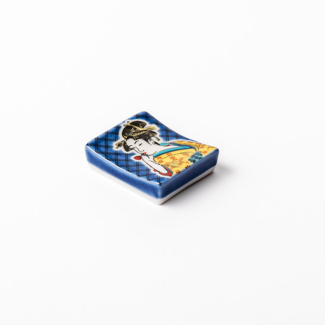 Rectangular Japanese ceramic chopstick rest featuring an elegant courtesan in traditional kimono, inspired by Utamaro’s ukiyo-e artistry, perfect for table decor.