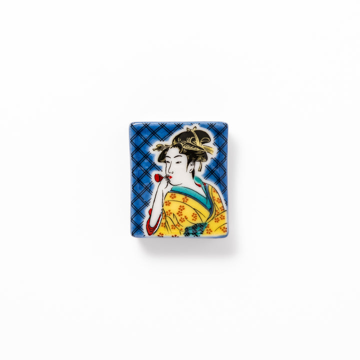Rectangular Japanese ceramic chopstick rest featuring an elegant courtesan in traditional kimono, inspired by Utamaro’s ukiyo-e artistry, perfect for table decor.