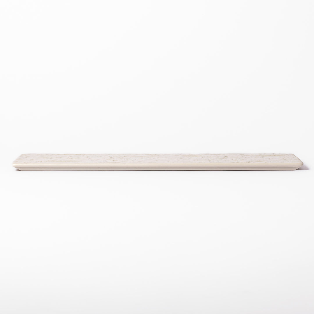 Textured rectangular white ceramic serving plate with a woodgrain-like pattern, perfect for minimalist Japanese table settings or modern kitchens.