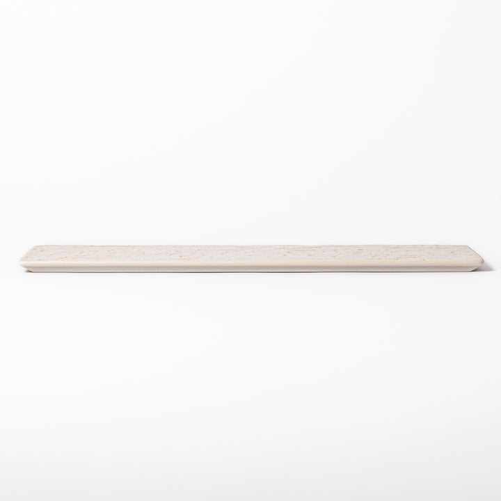Textured rectangular white ceramic serving plate with a woodgrain-like pattern, perfect for minimalist Japanese table settings or modern kitchens.