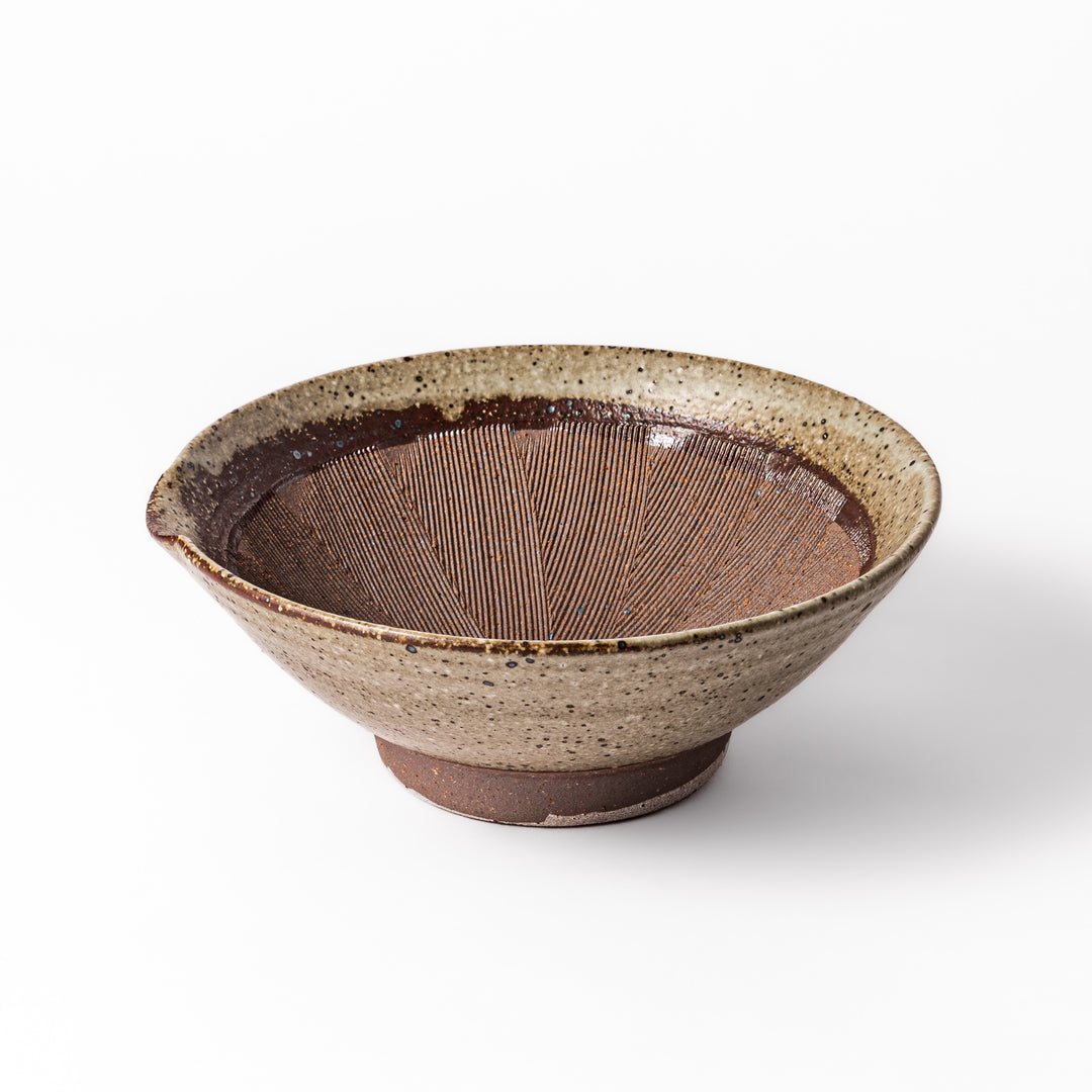Speckled white Karatsu-style mortar with a deep brown interior and textured ridges, ideal for traditional sesame grinding.