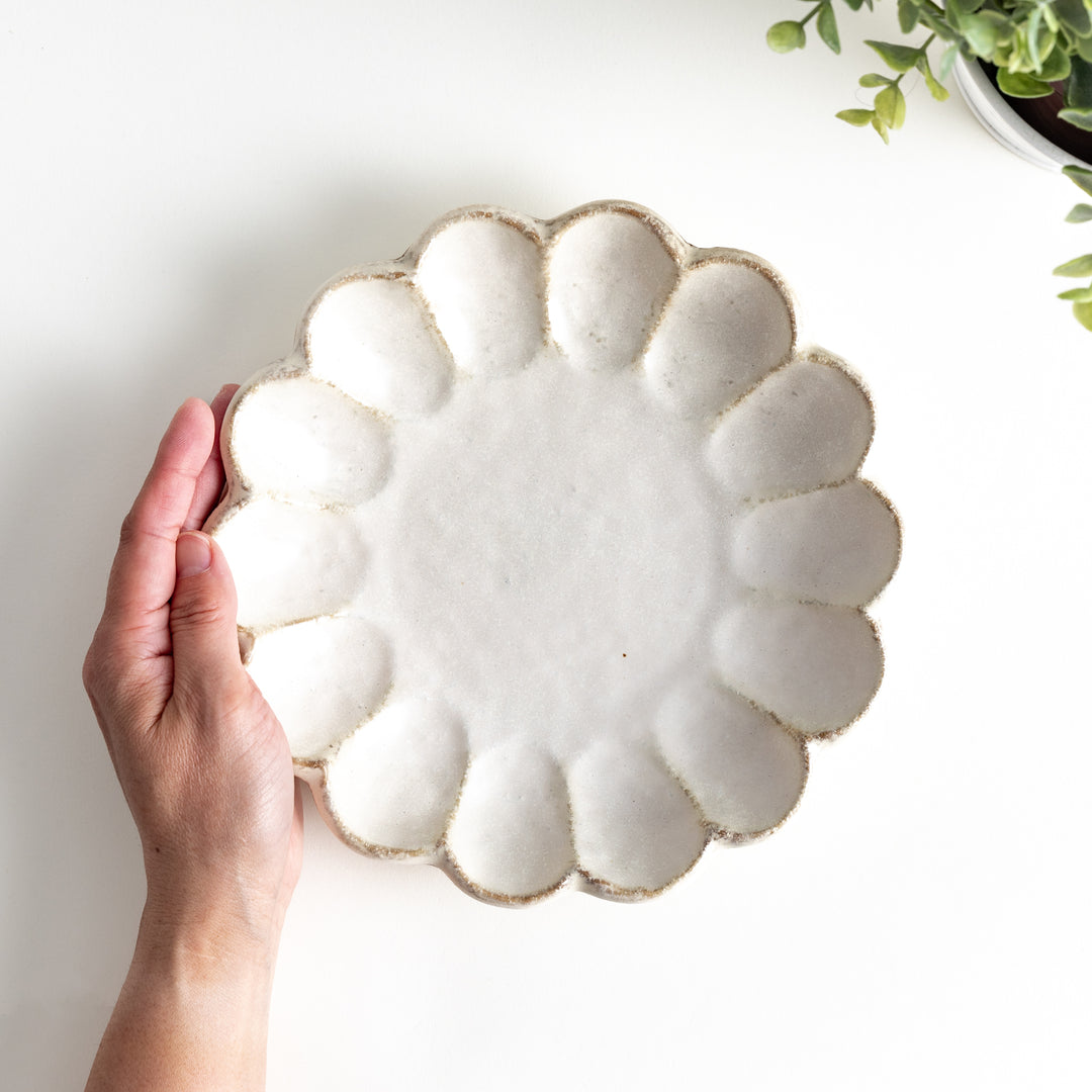 White rinka petal salad plate with elegant floral edge ceramic dinnerware for stylish table setting and food photography