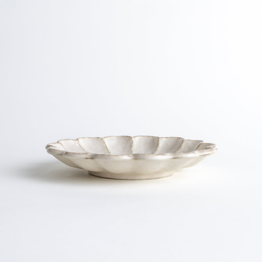 White rinka petal salad plate with elegant floral edge ceramic dinnerware for stylish table setting and food photography