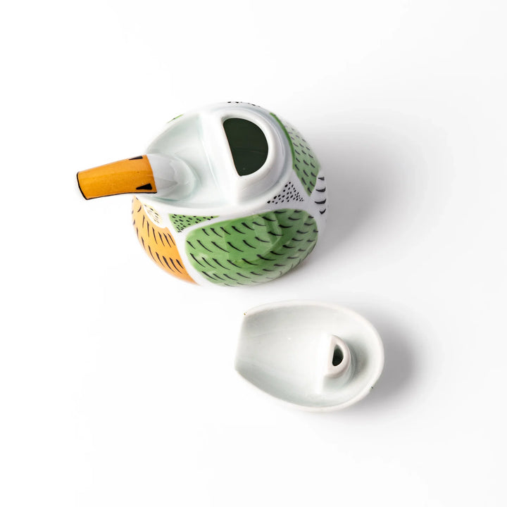 Bird-shaped soy sauce dispenser with green and yellow hand-painted details, adding a playful touch to your table.