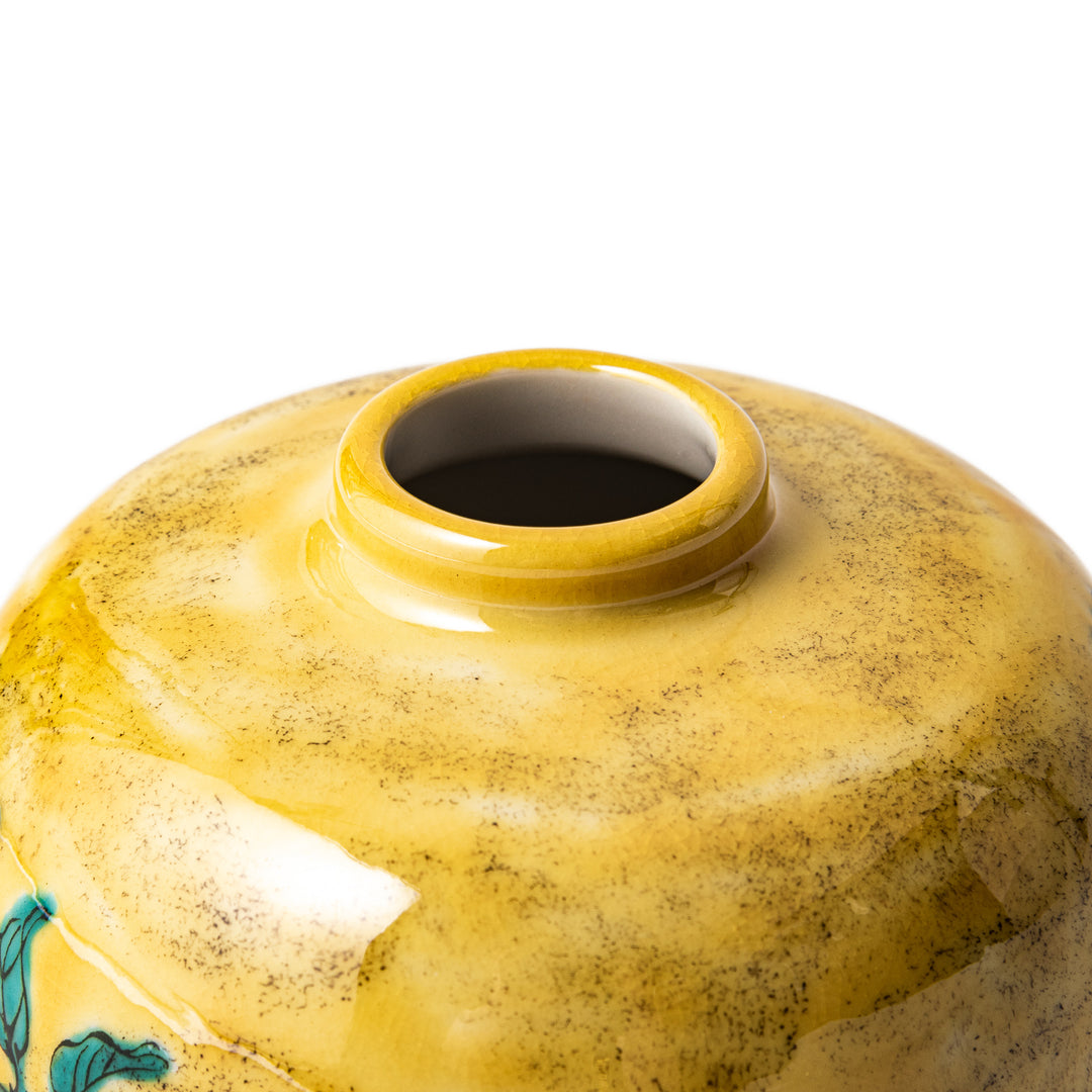 Japanese yellow porcelain bud vase with hand-painted camellia flowers and bird motif, handcrafted in Kutani ware for elegant floral display.