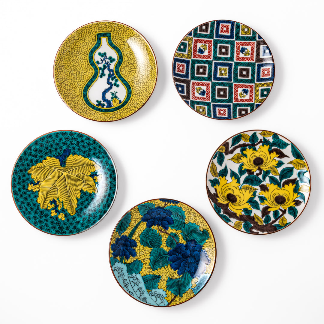 Set of five Japanese porcelain dessert plates featuring bold yellow, blue, and green floral and geometric traditional patterns
