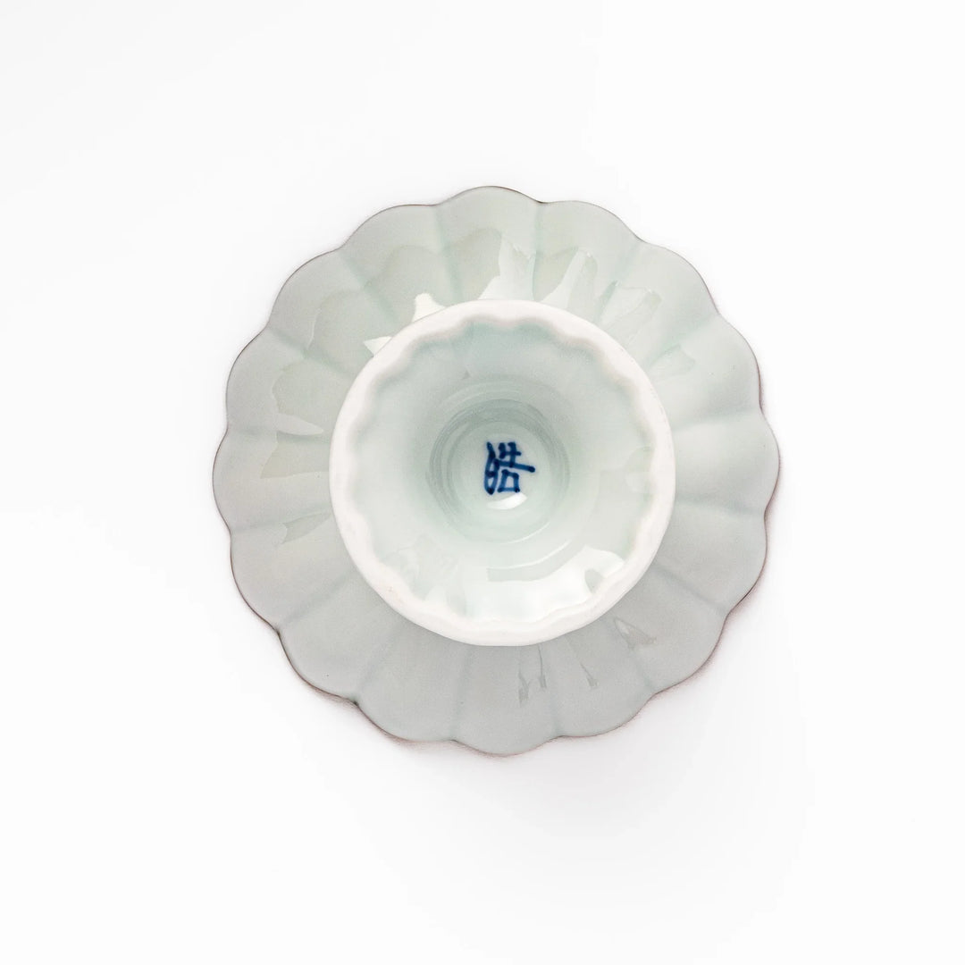 Arita porcelain pedestal bowl with blue arabesque pattern and gold rim, perfect for serving desserts, fruits, or side dishes.