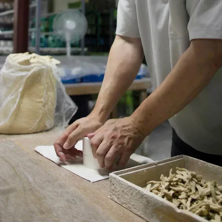 Artisan forming small clay parts with a plaster mold and hand pressure during traditional pottery work