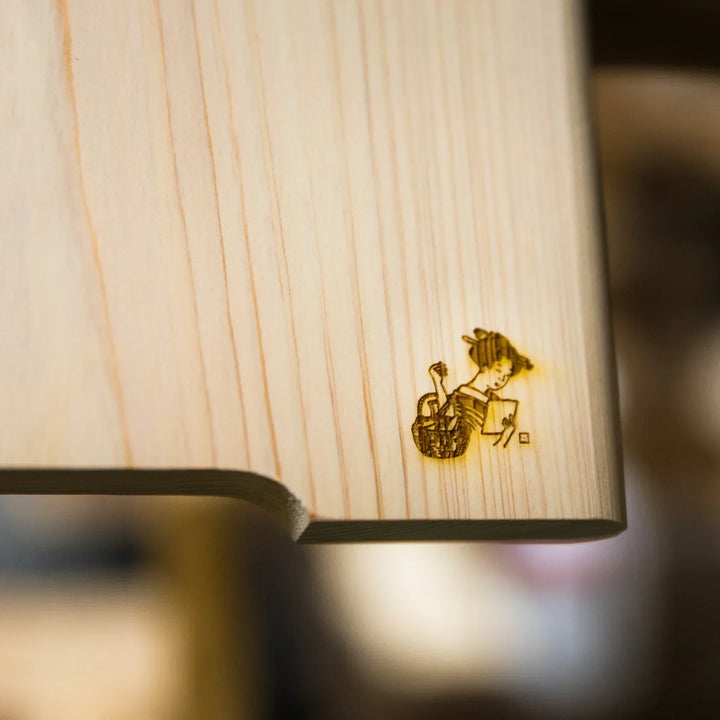 Hinoki wood board with Tosaryu signature branding mark burned into the surface for finished kitchenware