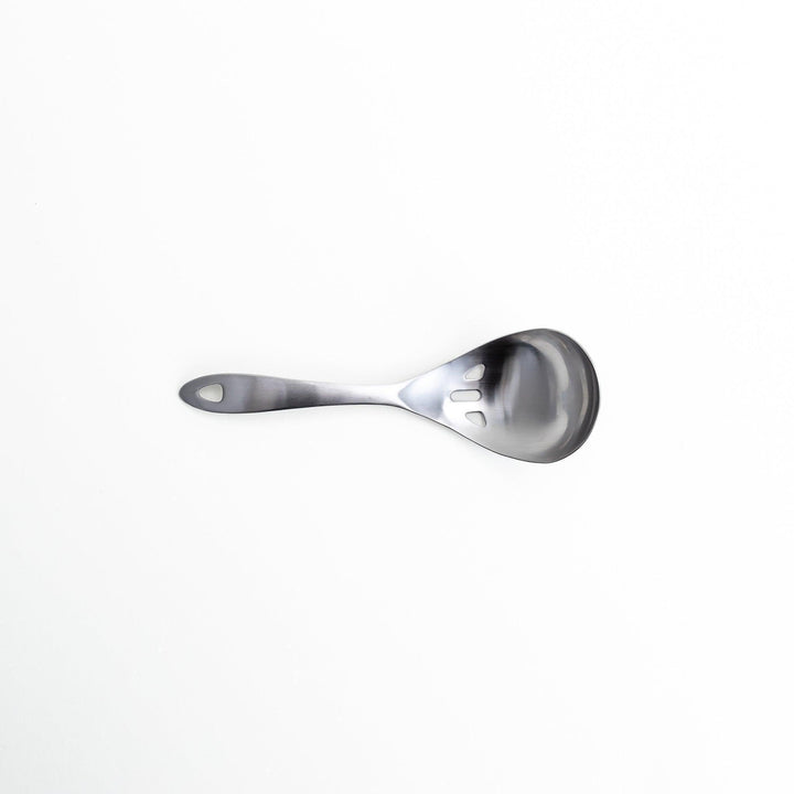 Stainless steel ladle with slotted holes for draining liquids while serving