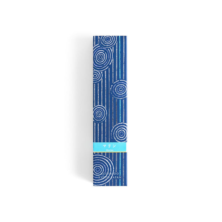 Azure Marine Incense in a light wooden box with deep blue sticks, elegantly packaged in a navy design featuring white circular patterns, evoking a refreshing and invigorating ocean breeze aroma.