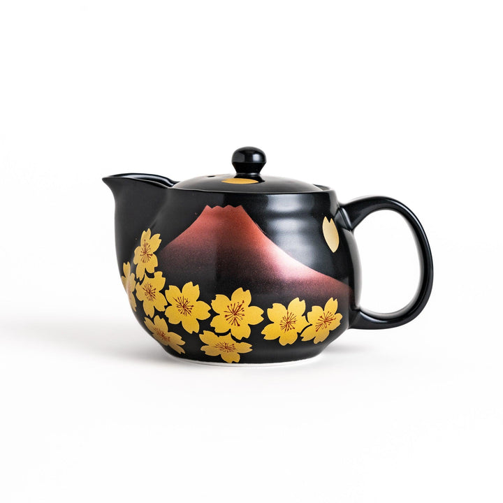 Black teapot with red Mount Fuji and yellow sakura designs, showcasing its elegant Japanese aesthetic and cultural charm.
