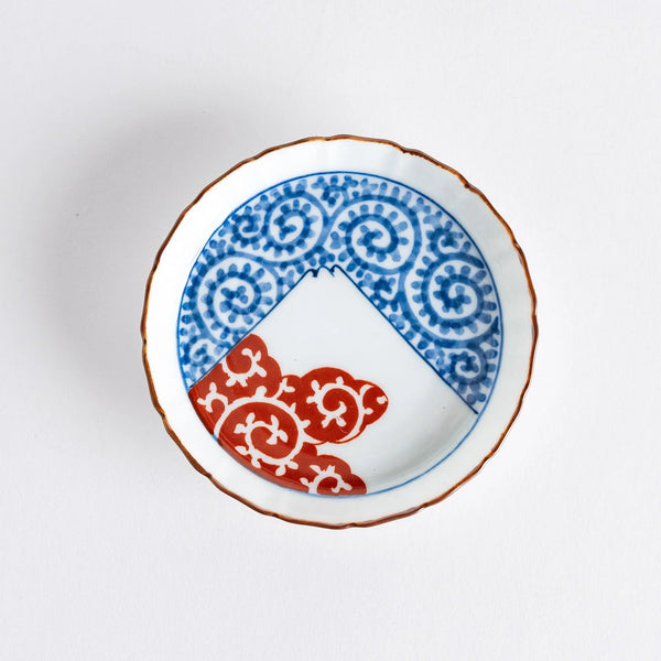 Blue and Red Arabesque Mount Fuji Raised Rim Sauce Dish