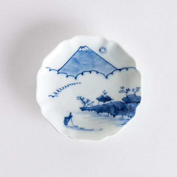 Blue Mount Fuji Flower Rimmed Sauce Dish