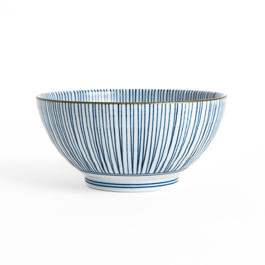 Ramen bowl featuring delicate blue vertical stripes with a gold accent at the rim, perfect for adding a touch of elegance to any meal.