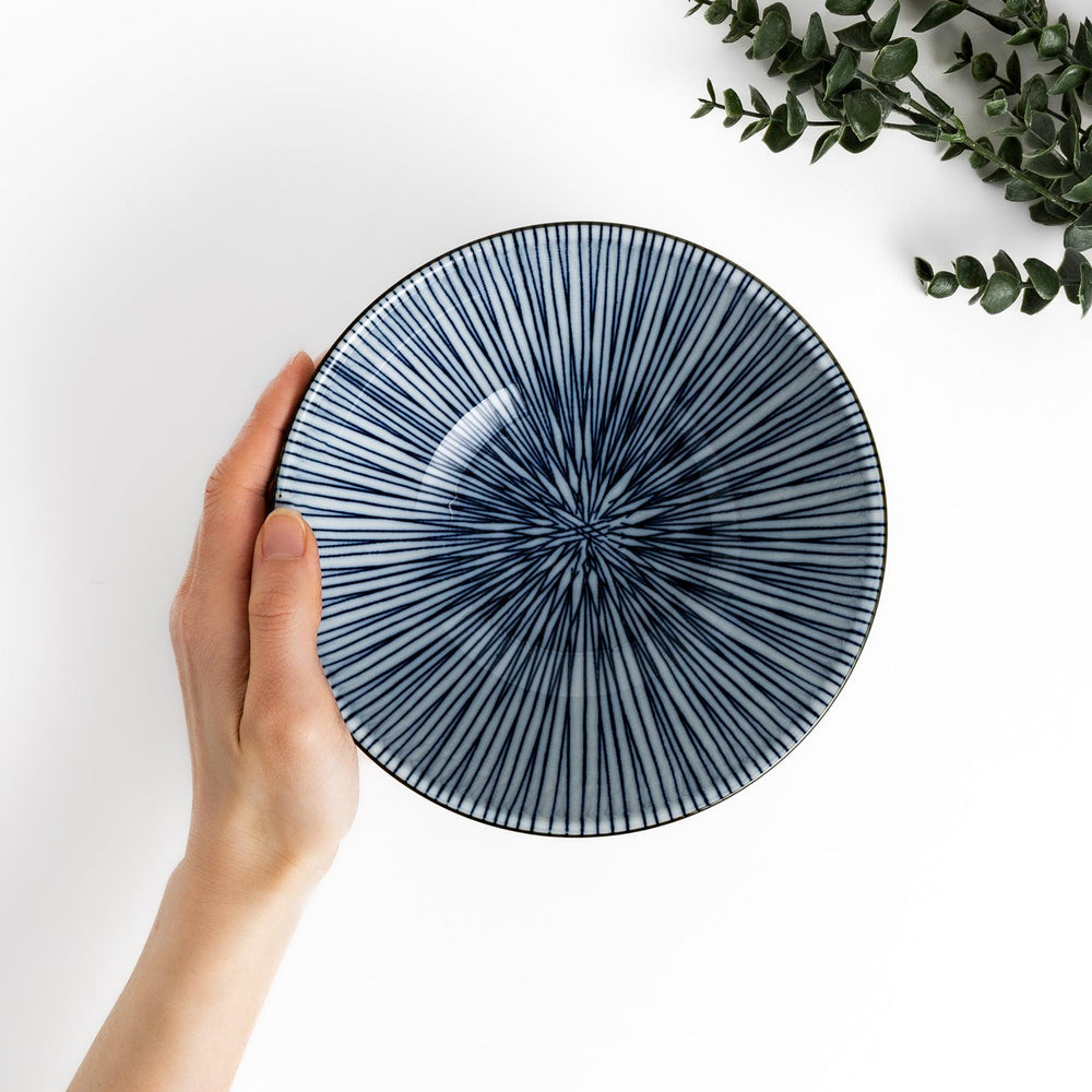 Ramen bowl featuring delicate blue vertical stripes with a gold accent at the rim, perfect for adding a touch of elegance to any meal.