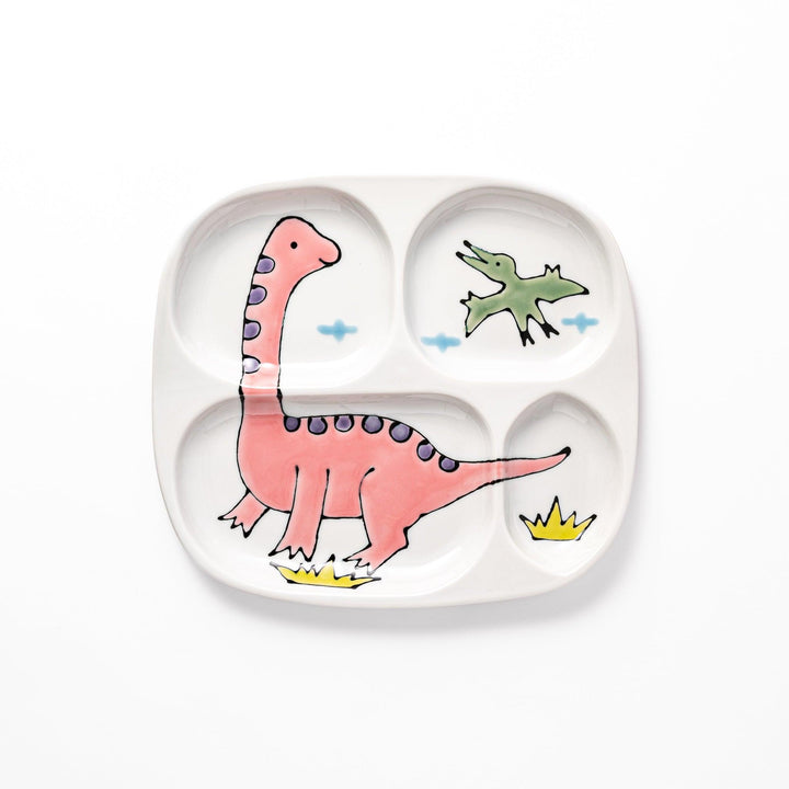 Kids' plate with a dinosaur theme, featuring a pink Brachiosaurus and a green flying dinosaur, along with playful yellow accents, designed with multiple sections for mealtime fun.